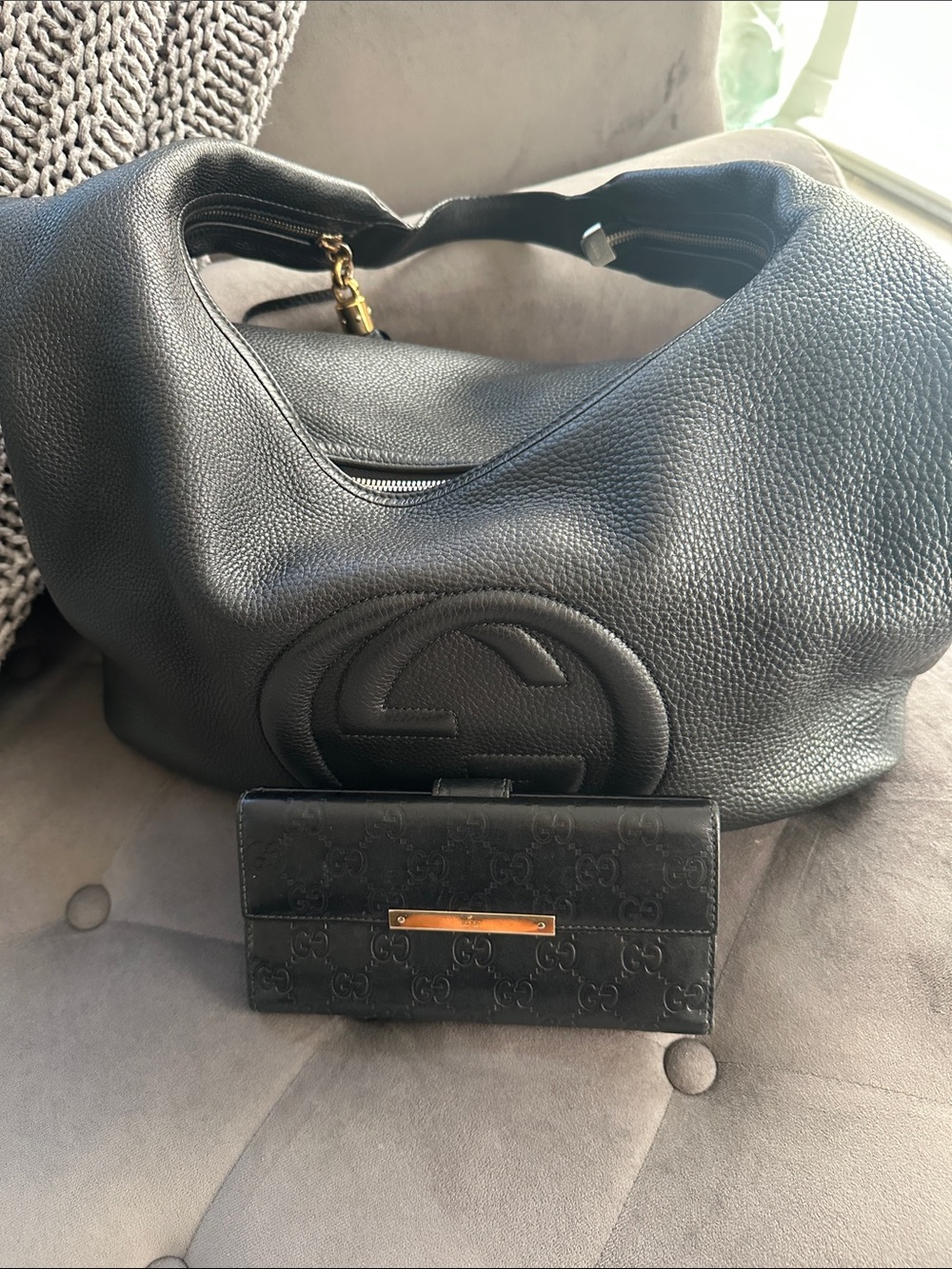 Gucci Black Pebbled Leather Hobo with Matching Black Logo Wallet